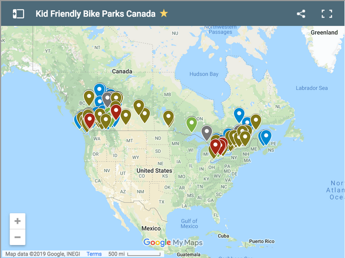 Map of Canadian Kid Friendly Bike Parks, Pump Tracks and BMX Tracks