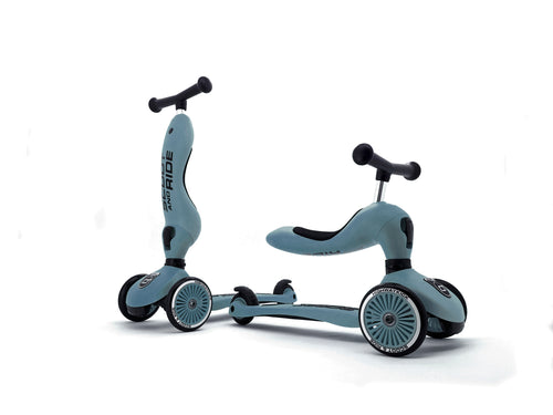 Scoot and Ride, Highway Kick 1, first 2 in 1 balance bike and scooter adjustable for small kids, steel blue