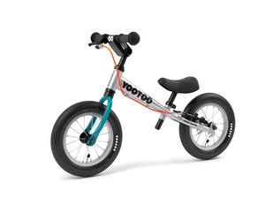 Aluminum Yedoo YooToo child's balance bike blue fork 3/4 view - similar to Strider run bike for kids